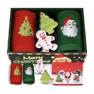 Christmas Hand Towels 12 x 18 inch & Bath Bombs Holiday Gift Set Santa Tree New